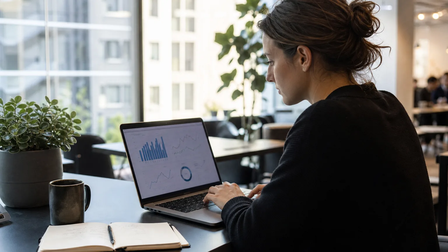 Junge Online-Marketing-Fachfrau analysiert ein Dashboard am Laptop in einem hellen Zürcher Coworking-Büro
