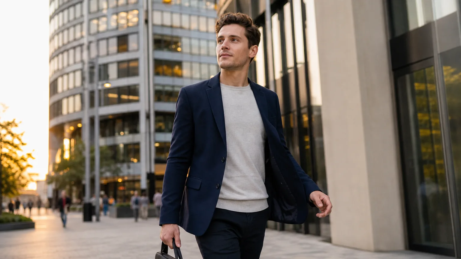 Junge Marketing-Fachperson mit Laptoptasche unterwegs im Zürcher Geschäftsviertel am Abend